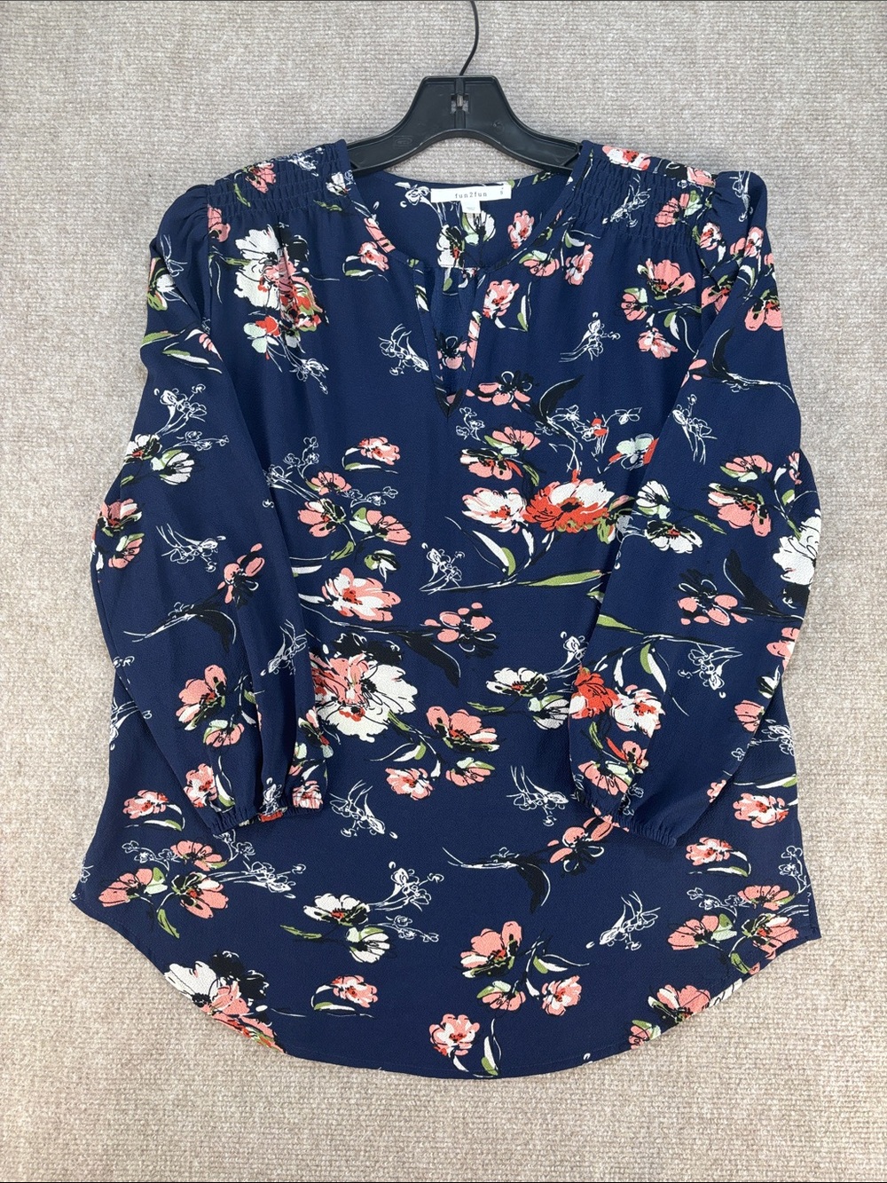 fun 2 fun Women's Navy Floral Smocked-Yoke Gathered Sleeve Blouse Size‎ S NWOT